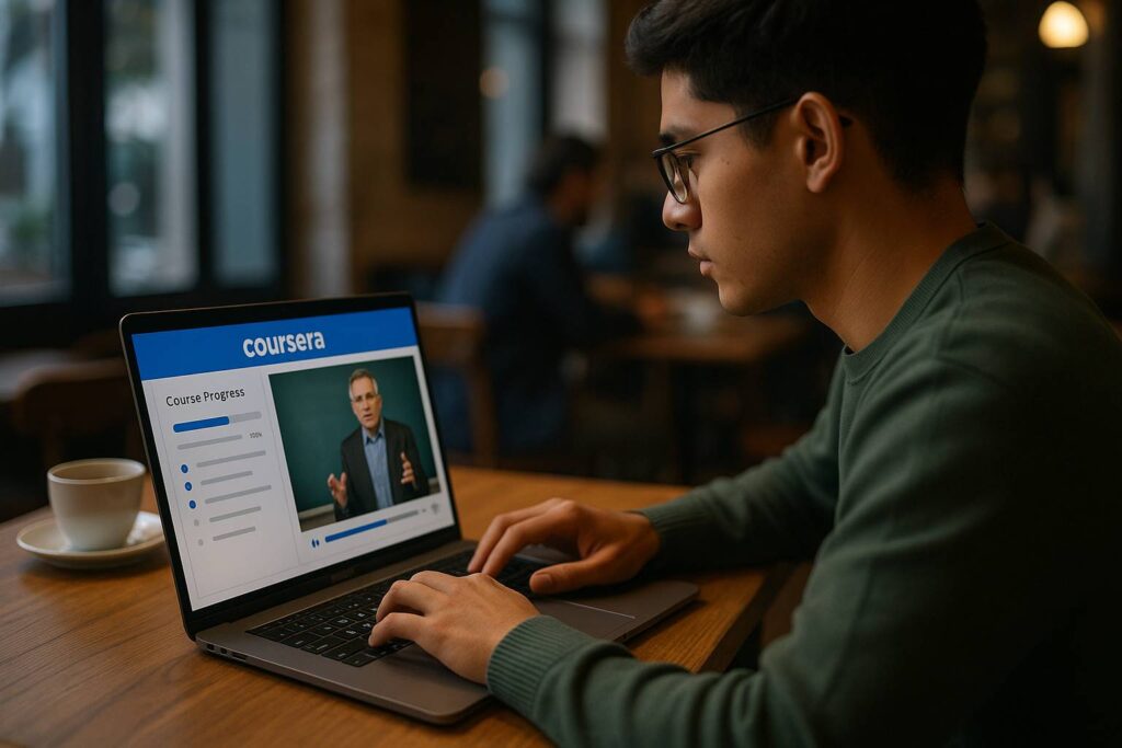 Mahasiswa dengan laptop di kafe, layar menampilkan dashboard Coursera