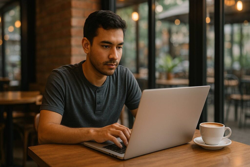 Orang dengan laptop di kafe secangkir kopi di samping