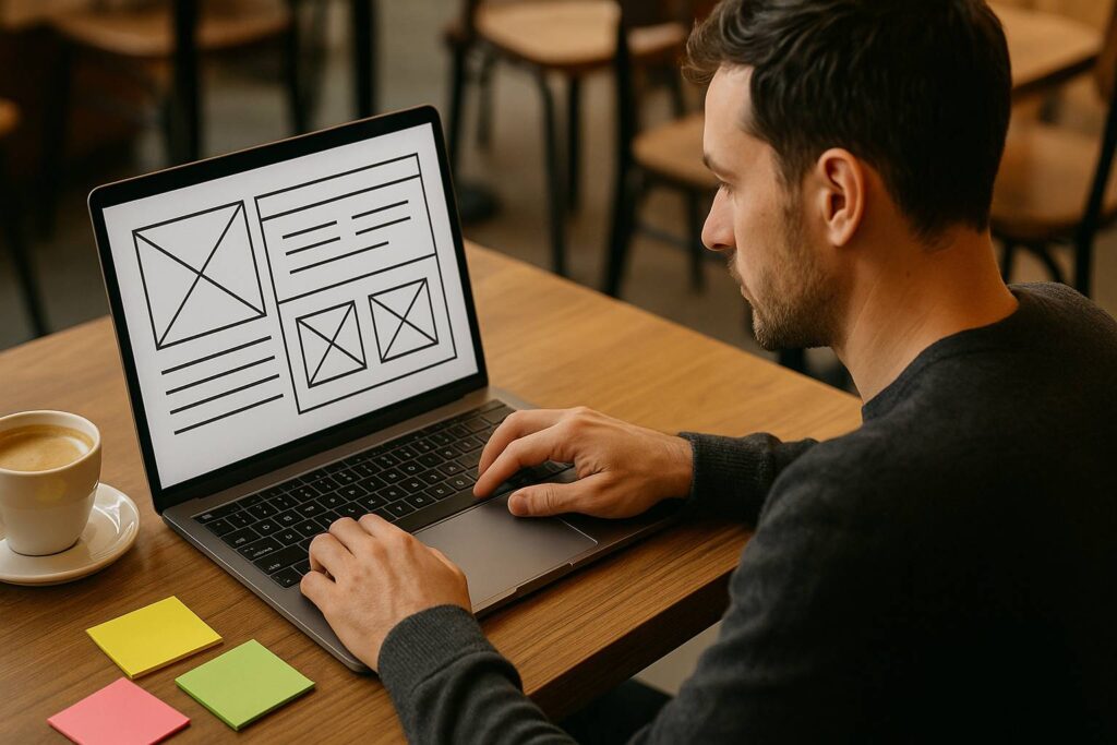 Orang dengan laptop di kafe, tampilan wireframe di layar, secangkir kopi