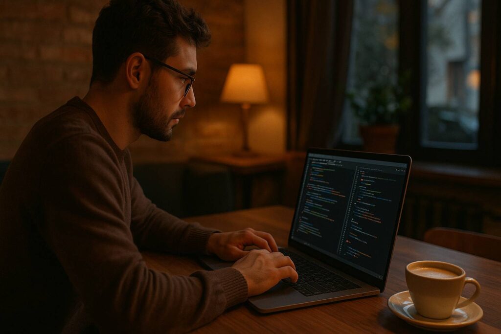 Orang sedang coding di laptop