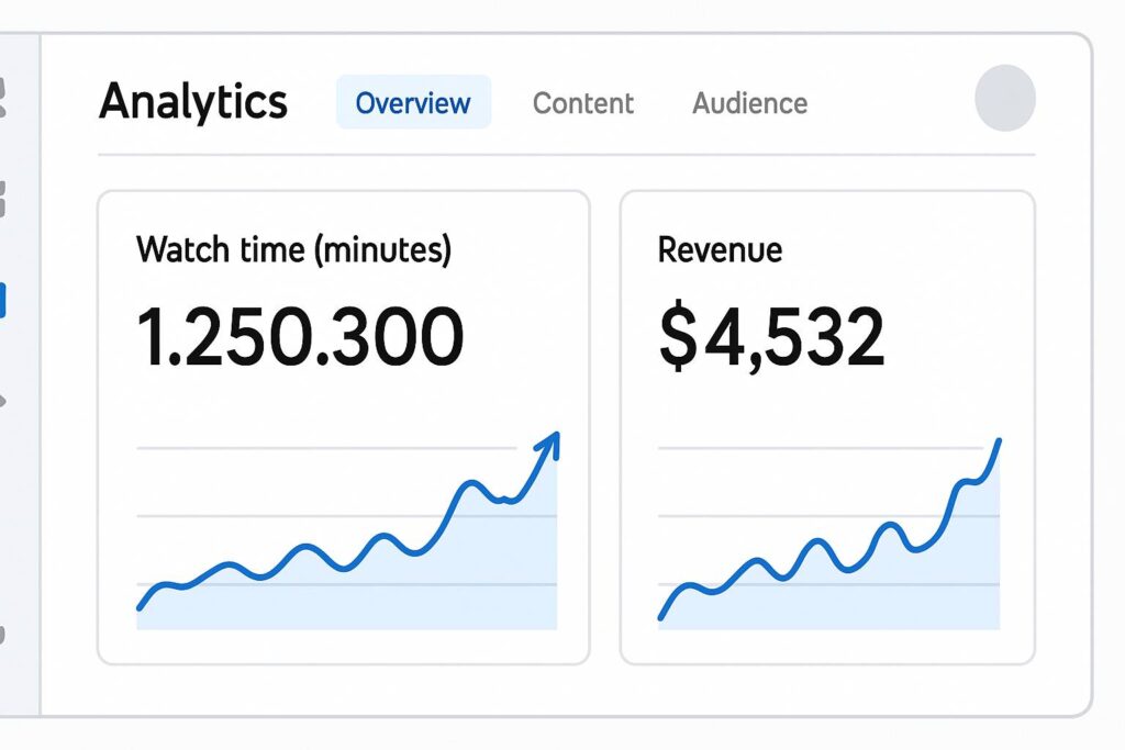 Screenshot konsep dashboard analytics untuk kreator online menampilkan menit tonton dan revenue