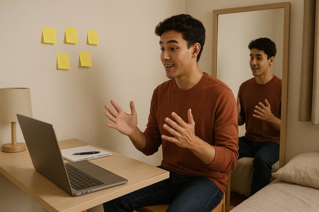 Seseorang berlatih presentasi di depan laptop di kamar
