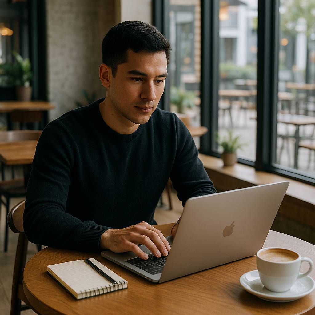 Seseorang sedang bekerja di laptop, diiringi secangkir kopi dan notes kecil