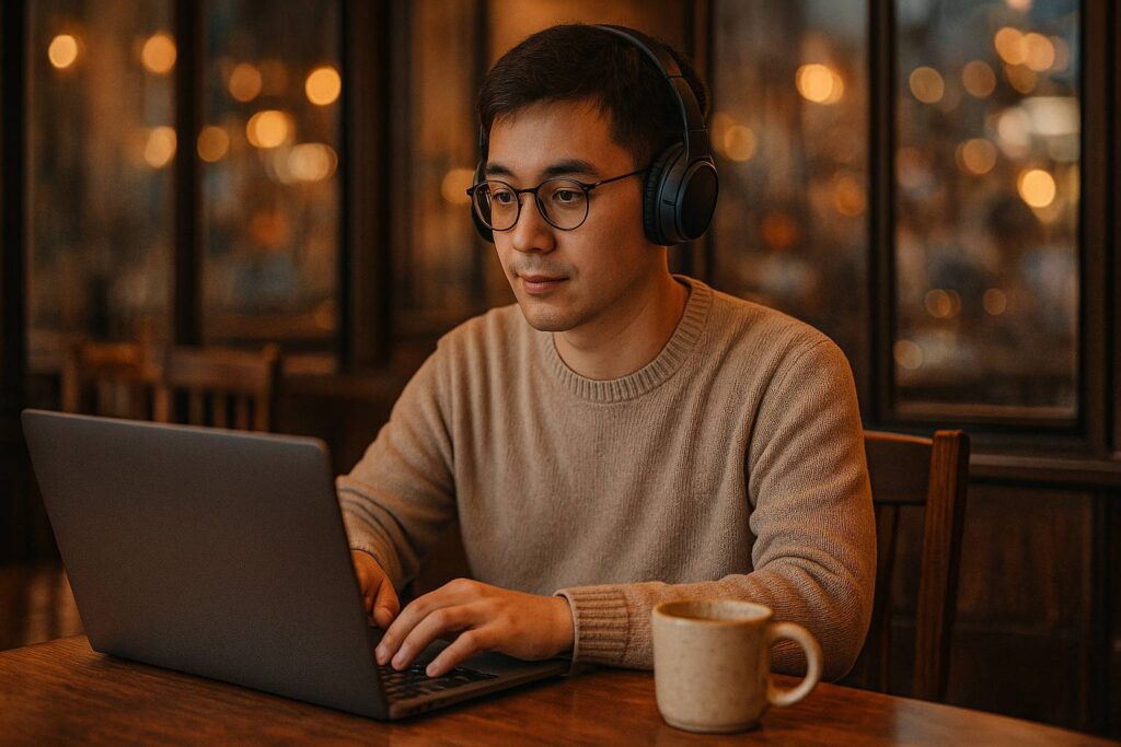 Seseorang sedang belajar di laptop suasana kafe sore, cahaya hangat, ekspresi fokus tapi santai,