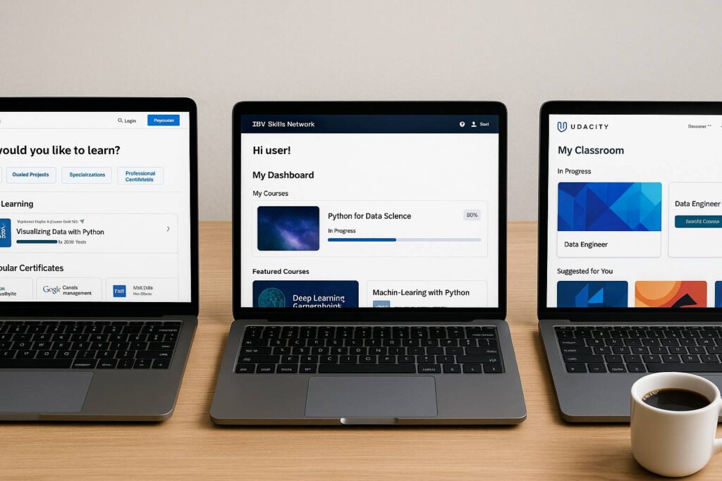 Tiga laptop terbuka menampilkan dashboard Coursera, IBM Skills Network, dan Udacity Classroom