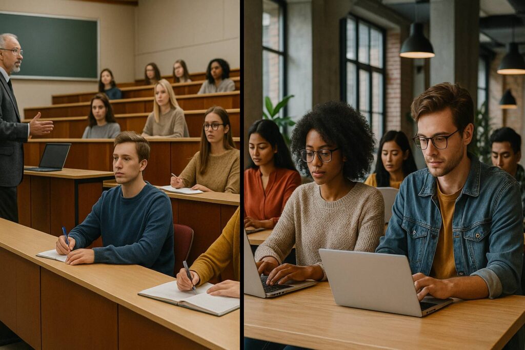 formal university lecture hall, right side modern coworking space