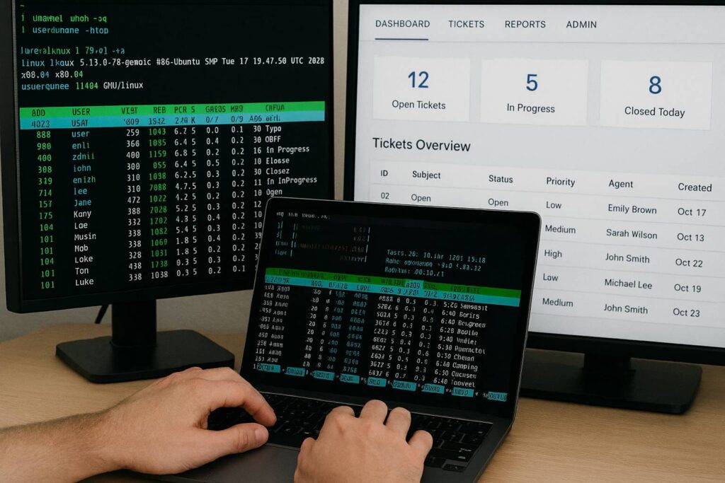 hands typing on laptop with dual monitors showing Linux terminal and ticketing system dashboard