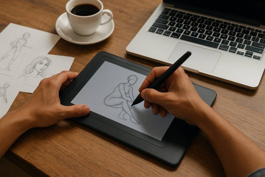 seseorang menggambar di tablet grafis dengan stylus, dikelilingi kertas sketsa