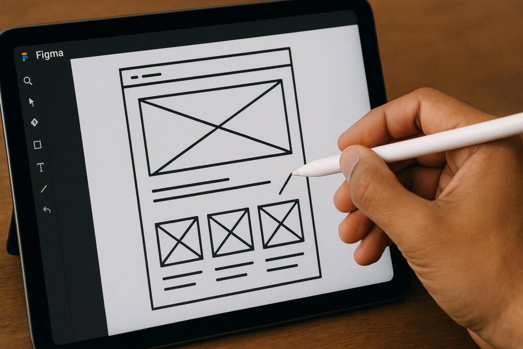 tangan menggambar wireframe di tablet digital
